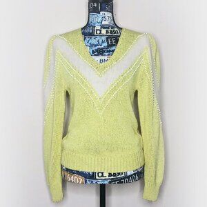 VTG 70s 80s NANNELL Beaded Puff Sleeve Sweater Angora V-Neck Butter Yellow Sz M